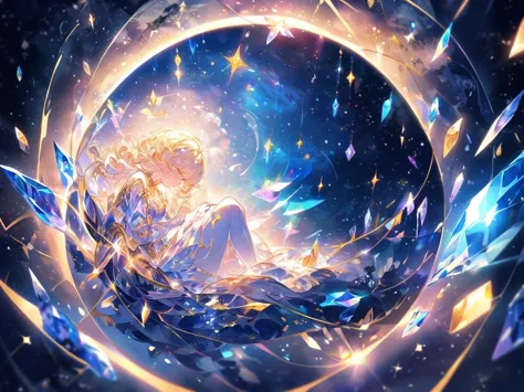 the crystal girl curled up in the center of the picture，surrounded by space and stardust