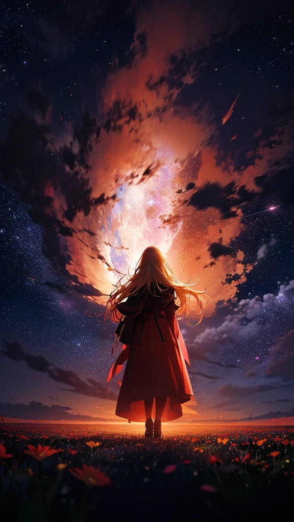 １people々々々々々,Blonde long-haired woman，Red long coat， Dress Silhouette， Rear View，Space Sky, Flower Field，Colorful flowers