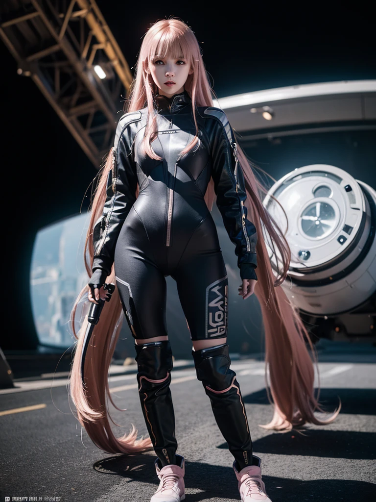 masterpiece, best quality, (detailed background), (beautiful detailed face, beautiful detailed eyes), highres, ultra detailed, masterpiece, best quality, detailed eyes, full body, 1_girl, cyberpunk scene, standing dynamic pose, long pink hair, slender figure, slender legs, slender hips. Her tight space suit shows off her figure, while her small breasts and large moon boots give her a unique and diverse look. With her big space helmet and jet pack, she is the epitome of a fearless space explorer.