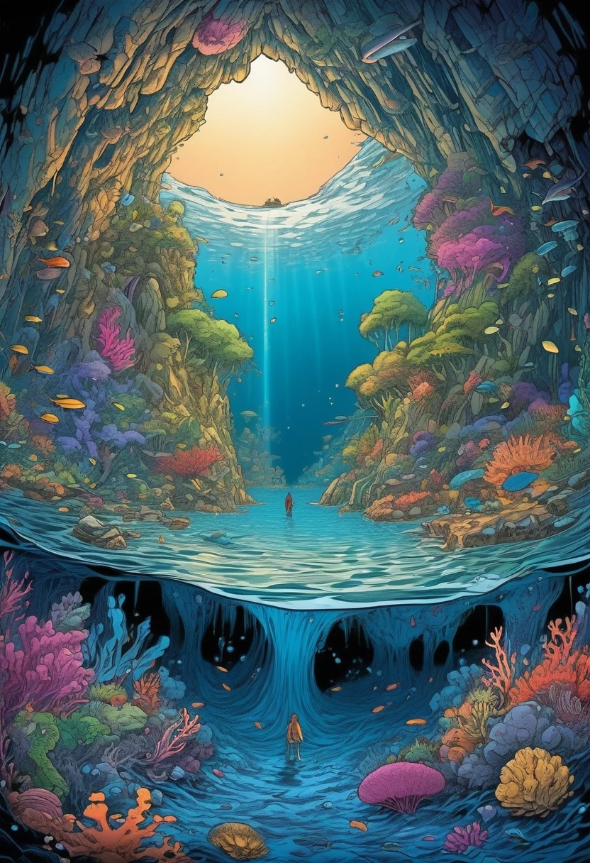 Deep Sea Reveal Cave、high ceiling cave、diego gisbert lawrence、Josan Gonzalez、By Dan Mumford、Picture book illustrations、Psychedelic Art、One Girl、Bubbling、Coral、Angel T、horizon、water、vague、superwide shot,Tabletop、Highest quality、Ultra-detailed、Intensive、Golden ratio composition、