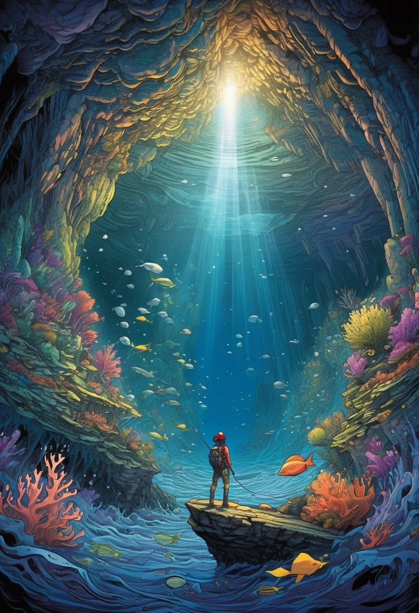 Deep Sea Reveal Cave、high ceiling cave、diego gisbert lawrence、Josan Gonzalez、By Dan Mumford、Picture book illustrations、Psychedelic Art、One Girl、Bubbling、Coral、Angel T、horizon、water、vague、superwide shot,Tabletop、Highest quality、Ultra-detailed、Intensive、Golden ratio composition、