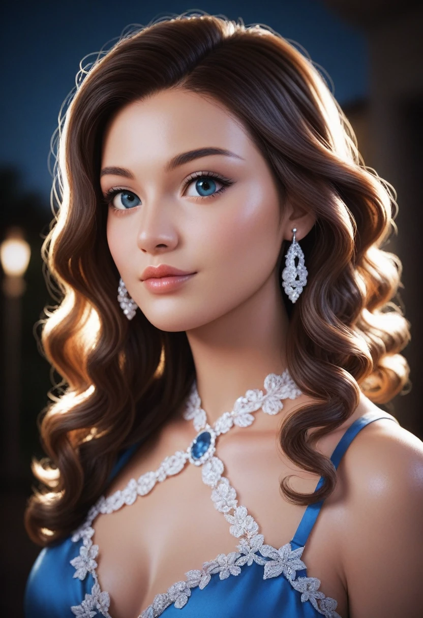 score_9, score_8_up, score_7_up, score_6_up, rating:safe, 1girl, solo, black_hair, wavy_hair, jewelry, dress, blue_eyes, earrings, long_hair, looking_at_viewer, curly_hair, upper_body, lips, lace, blue_dress, night, cxqz8r