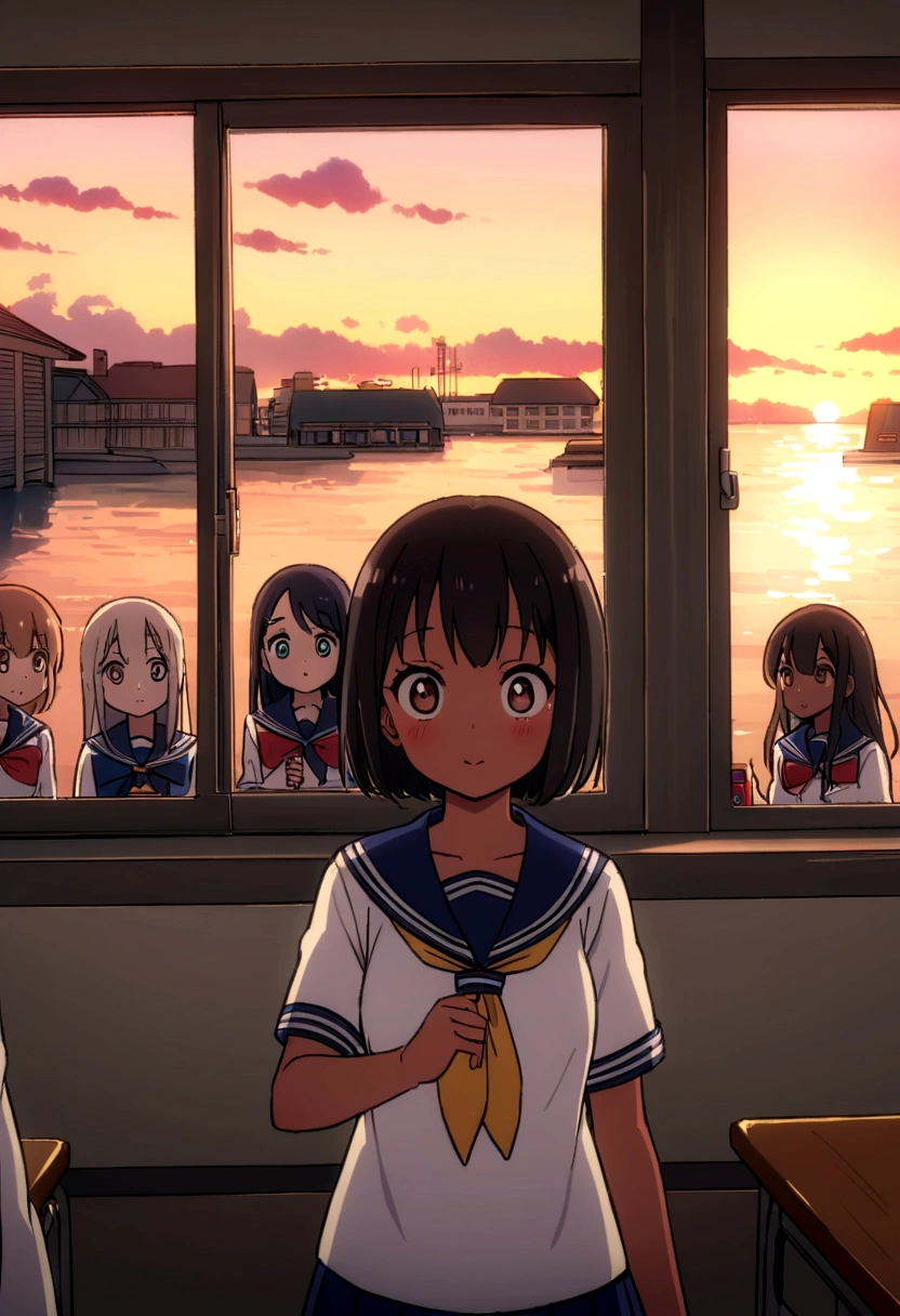 Highest quality、high resolution、Detailed Description、Detailed Background、Accurate depiction、アニメスタイル、アニメ、Four Girls、Four energetic girls、Dark Skin、Sailor suit、School、classroom、Chatting by the window、chatting、Black Short Hair、Big eyes、cute、Sunset、The window overlooks the harbor and the sea.、