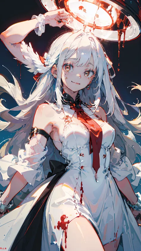 (woman\(A blood-red, dark angel halo is on his head., Angel Girl,Pure white hair,Red eyes, Pure white skin, White costume,The gi...