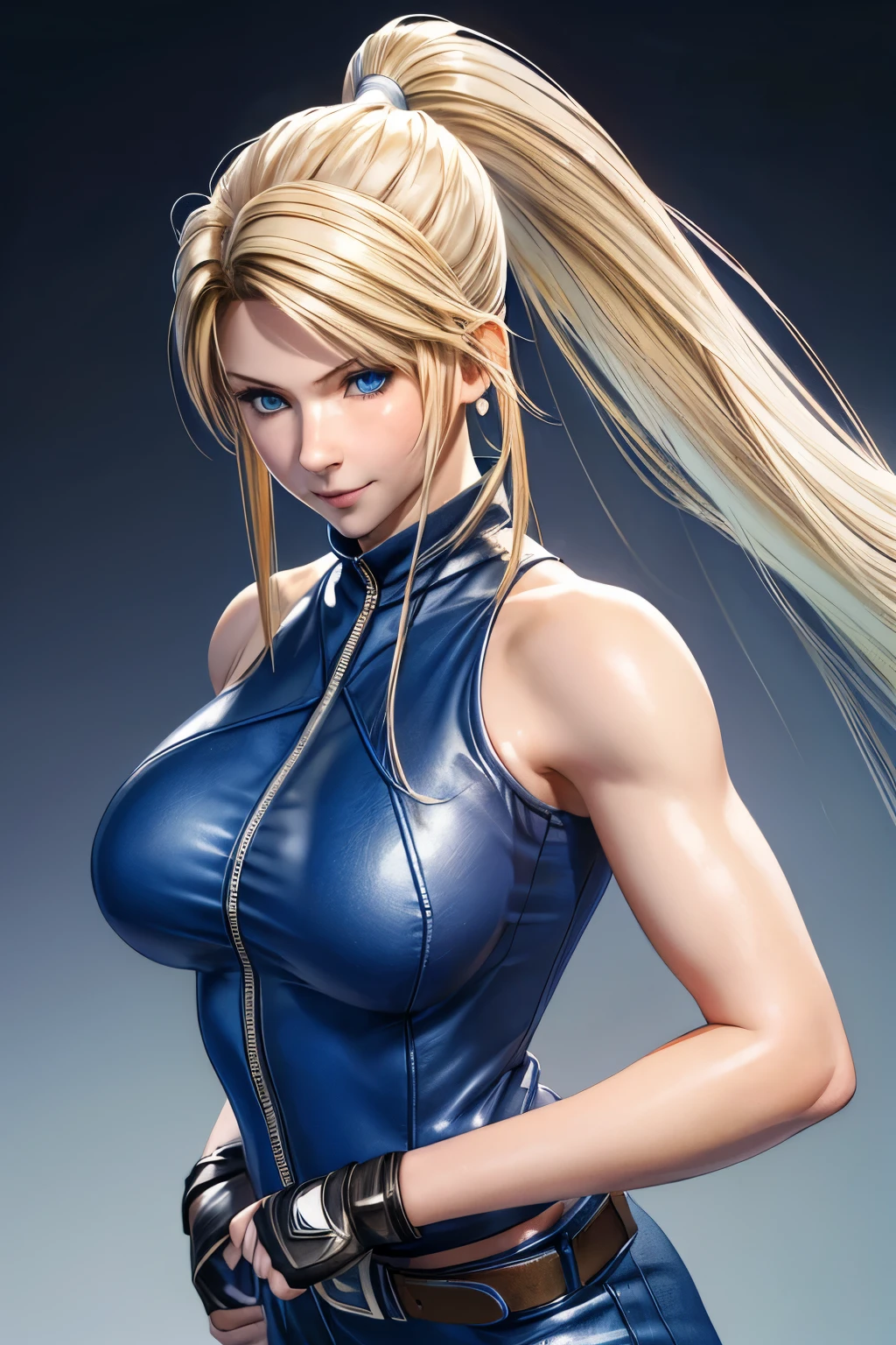 Sarah, blue eyes, (fighting GROUND:1.4), very long hair, (angle view:1.0), cowboy shot, blonde hair, (high ponytail:1.2), bodysuit, Shoulders exposed, (arms exposed:1.2), (white skin:1.4), (tight blue bodysuit:1.1), belt ,sleeveless, zipper, boots, high heels, earrings, fingerless short gloves, BREAK masterpiece, 1 girl, RAW photo, (best quality:1.2), extremely delicate beautiful, very detailed, 2k wallpaper, amazing, fine details, (springy medium breasts:1.2), extremely detailed CG Unity 8k wallpaper, super detailed, high resolution, (beautiful detailed girl:1.2), perfect anatomy, wide cheeks, (shiny clothes:1.1), (smile:1.2), (upper body:1.4), (Realistic, Photorealistic:1.0), (thin nose:1.2), 20 year old, high nose bridge, (blue clothes:1.2), fighting pose, (stuffed cheeks:1.3), (very happy:1.2), (white skin:1.4)
