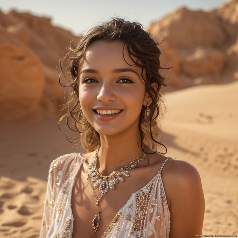 (Best quality, 8k, 32k, Masterpiece, UHD:1.2), beautiful 18 years old Algerian water nymph welcomes you to her private oasis, deep in the desert, jewelry, clothed, nsfw, north africa, closeup, smile, renatadaninsky