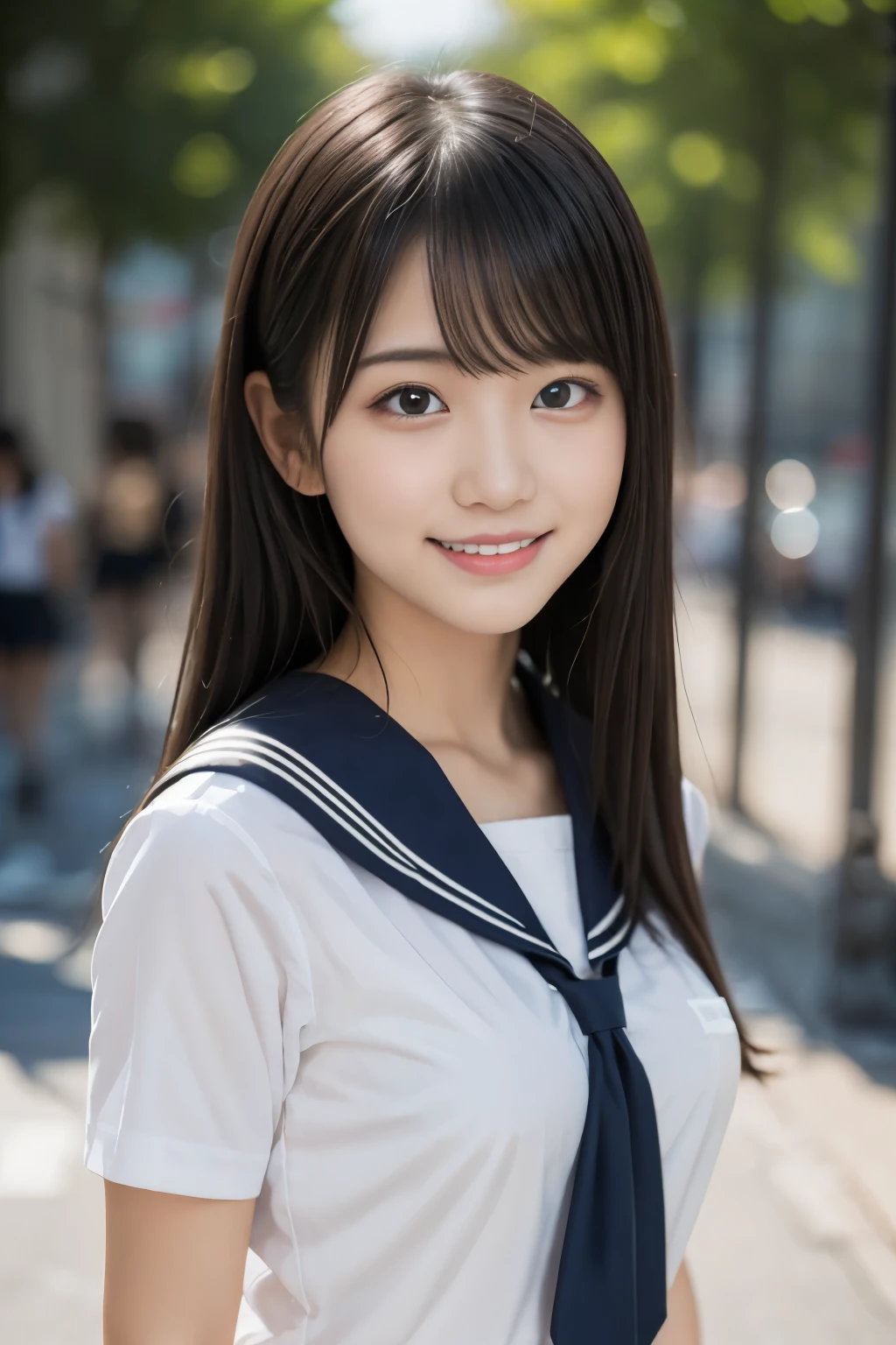 nsfw, 8k RAW photos, Highest quality, masterpiece, Ultra-high resolution, 3d, Realistic, One girl, Japanese, 18-year-old, blackhair, 前hair, black_Sailor school uniform_collar, length_hair, nose, School_uniform, neckerchief, Natural skin texture, light brown_eye, detailed eyes and face, lips, lipstick, smile, teeth, Beautiful feet, Small beautifully shaped breasts, Beautiful natural place, (Detailed Background), Checked skirt, White shirt, Huge breasts, Blurred Background, Short sleeve, (Massive  on the face:1.4),