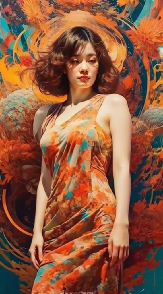 藝術,石油海報, 抽象的,, 亞洲女人, 8K, 大屁股, 胸前有一塊大布蓋著.. 把手放在胸前..