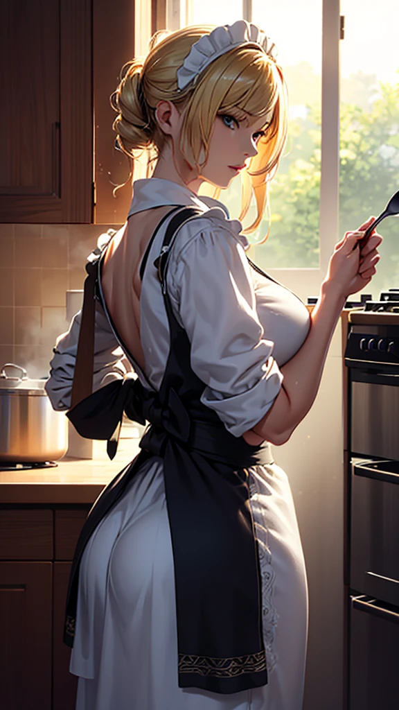 masterpiece, high quality, 4K, Beautiful design, silhouette，blonde， Very detailed，kitchen， wonderful, Finer details,  Very knowledgeable woman, Very detailedなソロ, 1 female,Big Breasts，Butt，Underwear Line，Apron appearance，cooking，