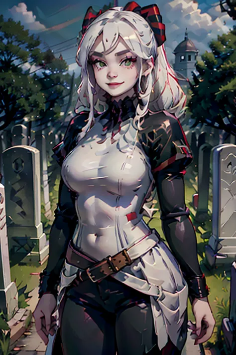 A young white haired woman with green eyes and an hourglass figure in a leather jacket and jeans is smiling in a cemetery at nig...