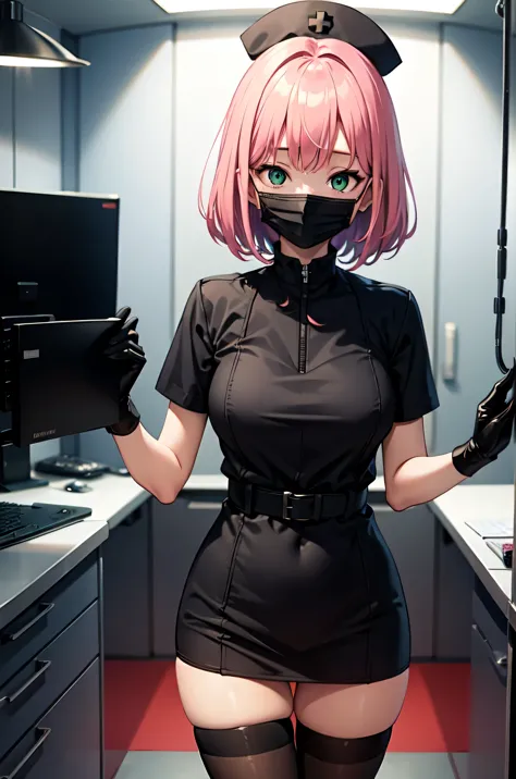 black nurse, 1girl, solo, black nurse cap, black nurse uniform, ((black legwear, zettai ryouiki)), black elbow gloves, pink hair...