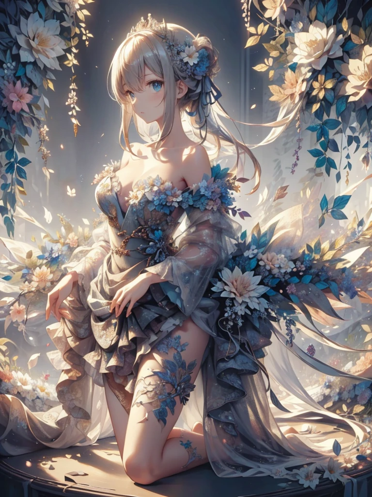 Illustration anime style, grisaille painting method, (girl's whole body, wrapped in fine light and shadow, flower motifs are drawn in detail with clear lines, the latest works of art, there is depth in the picture)