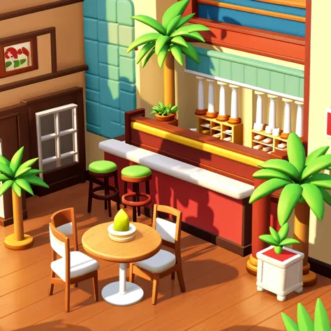 3d graphics, like in a game interior of the restaurant with three columns in the center, a pair of large tables with soft chairs...