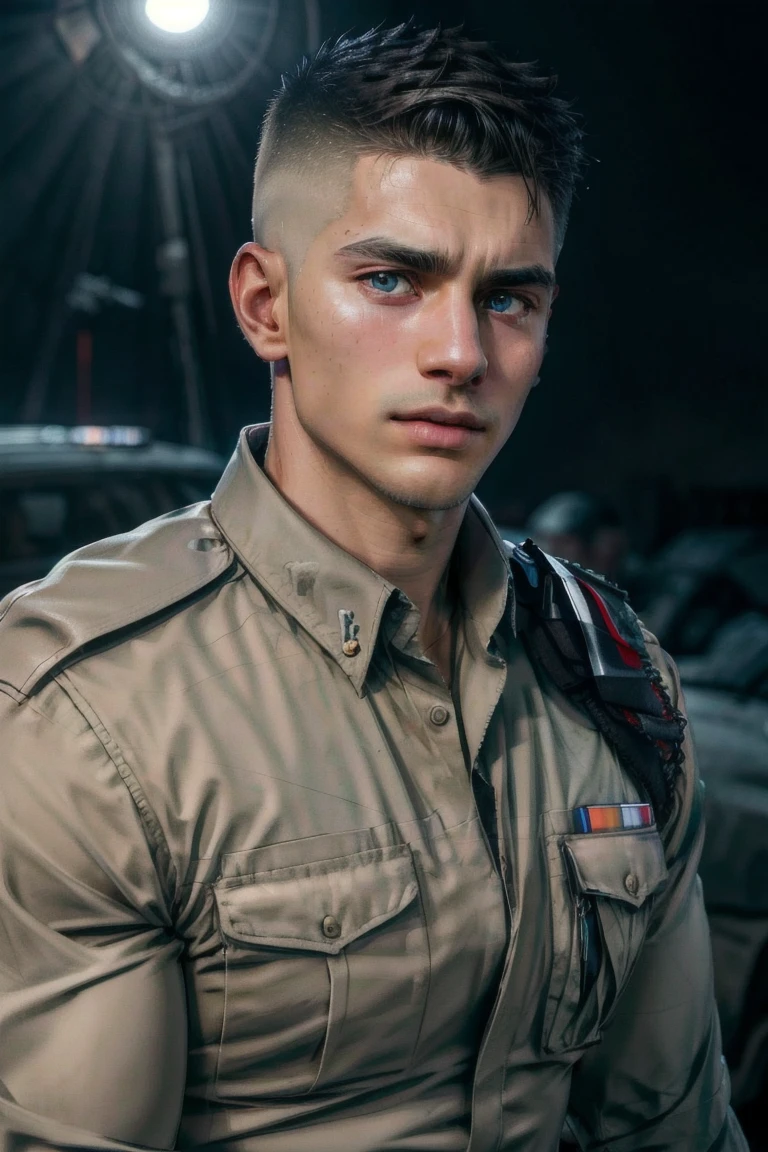 Portrait, Detailedface, ultra realistic, best quality, masterpiece, (perfect face, perfect eyes), RAW photo, 8k uhd, dslr, soft lighting, film grain, ultra detailed, texture detailed, Fujifilm XT3, mature muscular hunk, undercut hair, extremely short hair, Thai police uniform