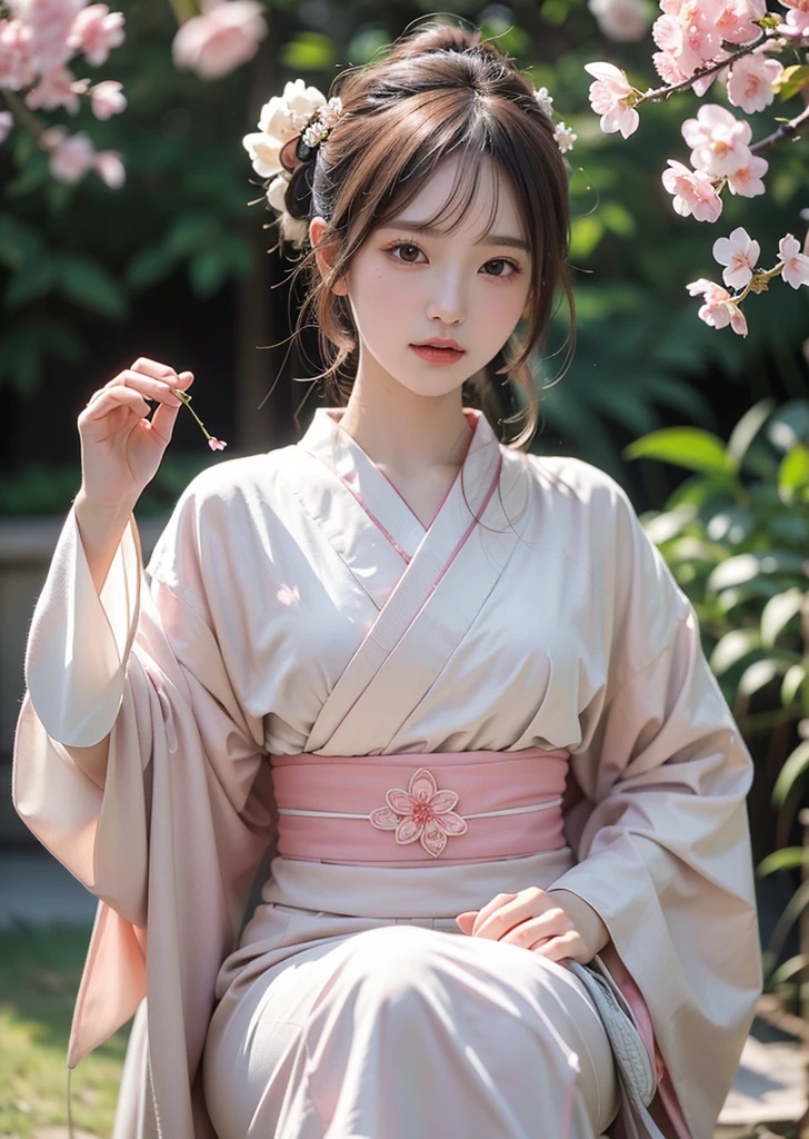 シュール, 非常に詳細, 高解像度の16K画像, 美しい女性の幽霊または守護霊. 彼女は淡いピンクの髪と透明感のある肌をしている., 彼女は帯に小さな桜の模様が描かれた日本の伝統的な着物を着ています。.。. この画像は霊界の神秘的な美しさと神秘を捉えている。.。. このスタイルは繊細です, 日本の伝統芸術の優しい美学.