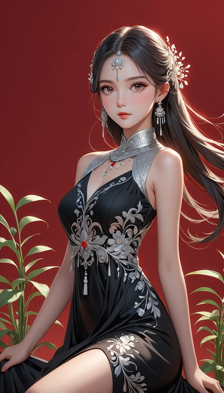 (masterpiece，high quality，8K).beautiful girl，Ethnic evening dress：1.5.Skin details，Bright Eyes，Thick eyelashes，Unique，Staring at the audience），（High collar sleeveless black maxi dress，Long legs，seedling：1.5，Silver jewelry：1.2，silver tassel：1.37，）。Clean and simple red background
