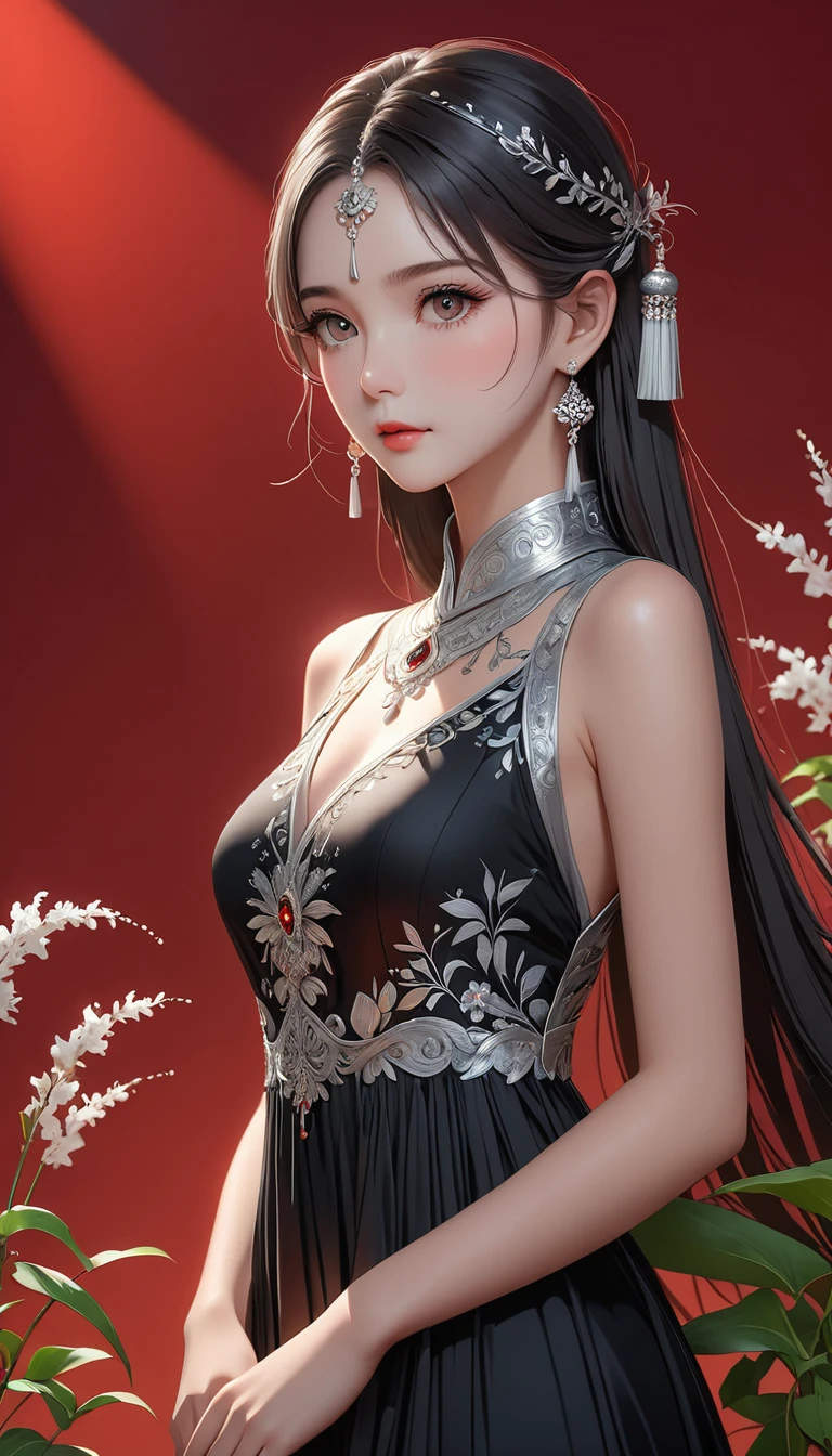 (masterpiece，high quality，8K).beautiful girl，Ethnic evening dress：1.5.Skin details，Bright Eyes，Thick eyelashes，Unique，Staring at the audience），（High collar sleeveless black maxi dress，Long legs，seedling：1.5，Silver jewelry：1.2，silver tassel：1.37，）。Clean and simple red background