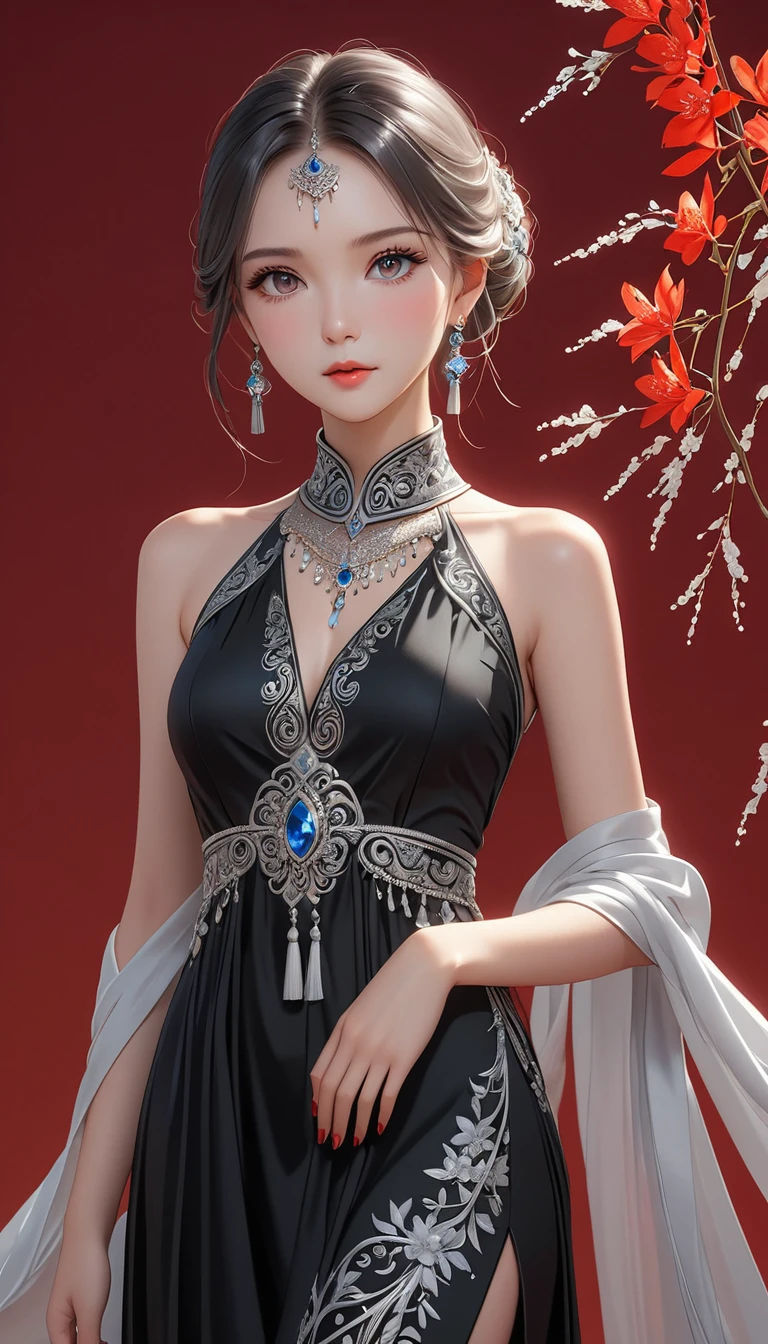 (masterpiece，high quality，8K).beautiful girl，Ethnic evening dress：1.5.Skin details，Bright Eyes，Thick eyelashes，Unique，Staring at the audience），（High collar sleeveless black maxi dress，Long legs，seedling：1.5，Silver jewelry：1.2，silver tassel：1.37，）。Clean and simple red background