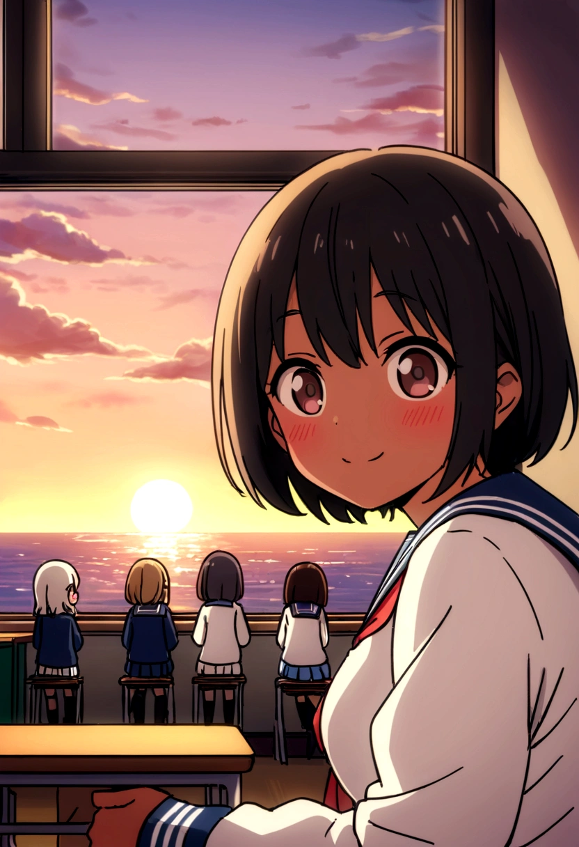 Highest quality、high resolution、Detailed Description、Detailed Background、Accurate depiction、アニメスタイル、アニメ、Four Girlore than one person、Four energetic girls、Dark Skin、Sailor suit、School、classroom、Chat、chatting、Black Short Hair、Big eyes、cute、Sunset、The window overlooks the harbor and the sea.