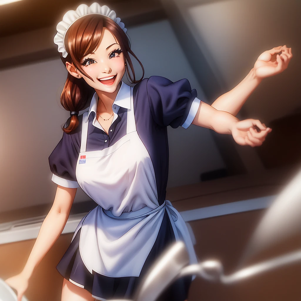 vestindo uniforme de empregada doméstica,e sorrindo animadamente 