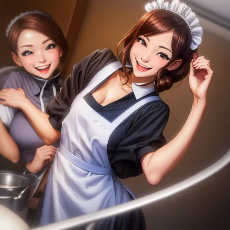 Wearing a maid uniform,and smiling excitedly 