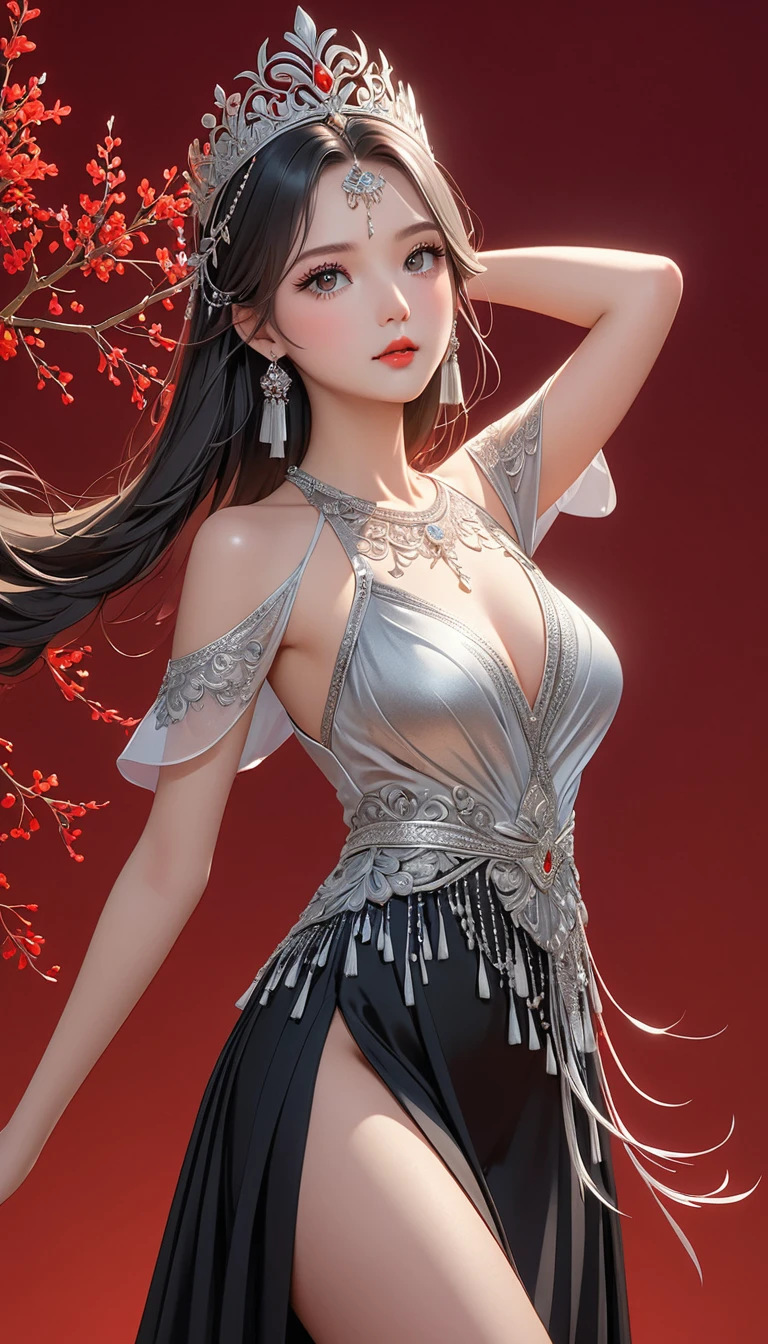 (masterpiece，high quality，8K).beautiful girl，Ethnic evening dress：1.5.Skin details，Bright Eyes，Thick eyelashes，Unique，Staring at the audience），（Black long skirt，Long legs，seedling：1.5，Silver jewelry：1.2，Silver crown：1.5，silver tassel：1.37，）。Clean and simple red background，Look up from the bottom up