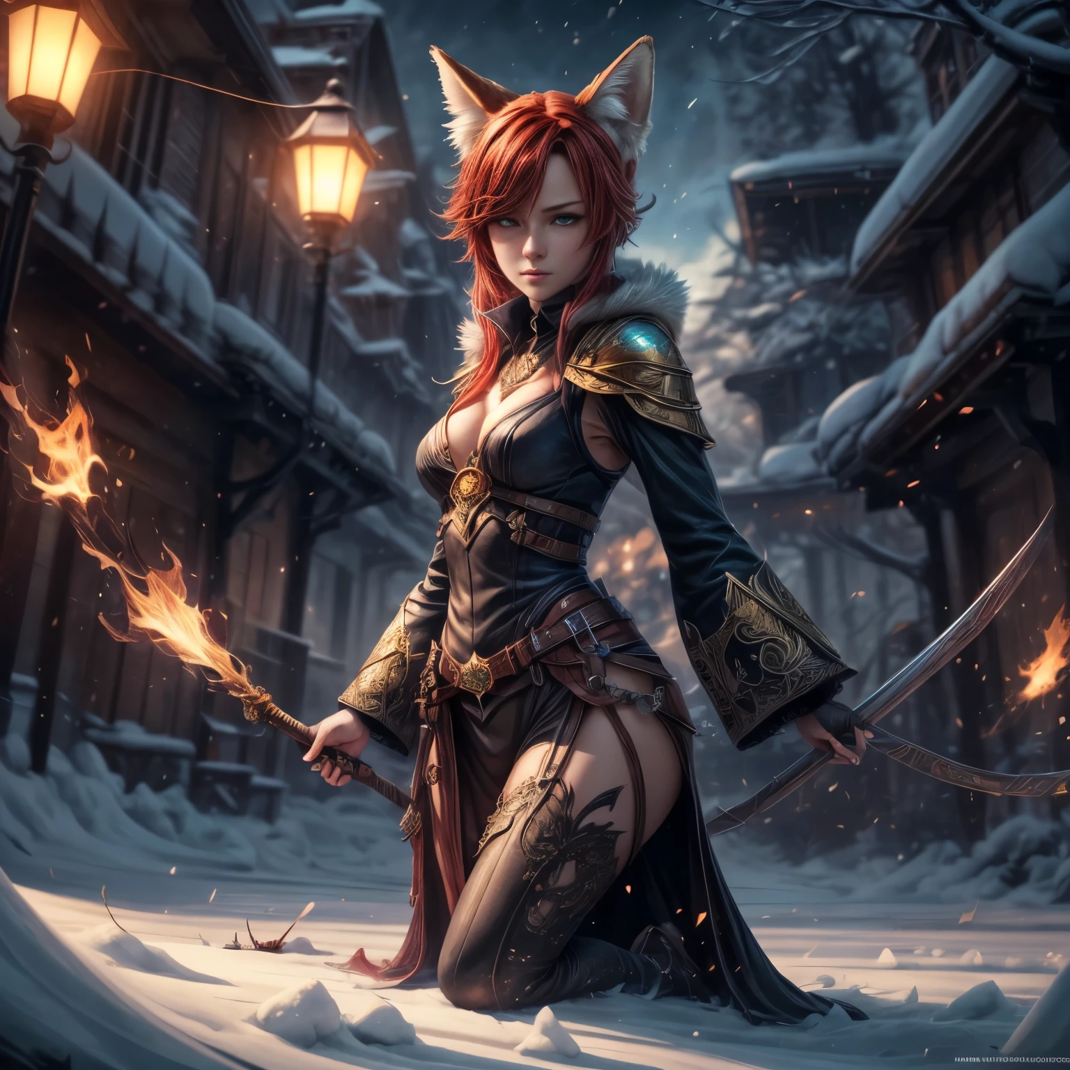 (Best quality, 8K, masterpiece, HDR, soft lighting, picture perfect, realistic, vibrant), foxgirl with red hair and little fox lying on the snow, kitsune, beautiful fox, nobushi fox, beautiful female kitsune, digital anime illustration, beautiful illustration, beautiful digital artwork, exquisite digital illustration, realistic digital anime art, realistic anime style digital art, (ultra high quality fantasy art, final fantasy), masterpiece, ultra high quality female character design, anime art with development 8k, realistic anime art, wallpaper illustrations of the highest quality, complex ultra high quality accurate faces of female characters, high quality design and accurate physics (ultra high quality fantasy style)), art, dark fantasy)) Style), masterpieces, super high quality characters, anime resolution - 8K, realistic anime art, highest quality wallpaper illustration, ultra-high facial detail, quality design and physics accuracy), by color, depth of field, shadows, ray tracing, high quality and 8K resolution computer wallpaper production, Fantasy Love Fox, Dark Fox -mage, (Accurate simulation of the interaction of light and materials)], [Highly detailed hair [More about beautiful and shiny red hair]], (Beautifully detailed hands [perfect fingers [Beautiful nails]], (perfect anatomy (perfect proportions)) [[ Full-length]], [Perfect color combination (Accurate imitation of the interaction of light and material)], [art that conveys the meaning of the story]