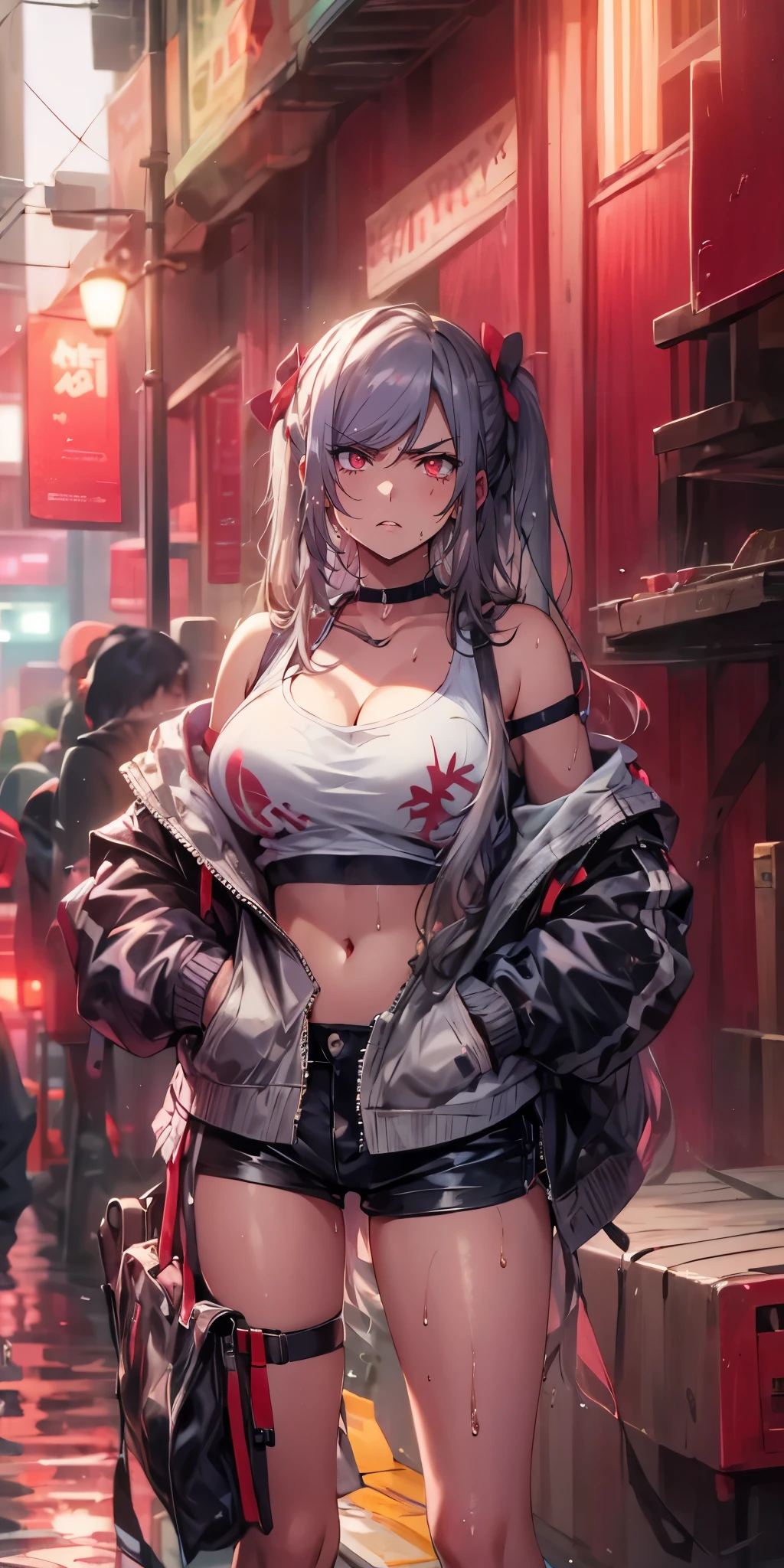 (silver hair:1.3), long hair, ribbon, twintail, red eyes, 1girl, shorts, jacket, ribbon, cleavage, solo, looking_at_viewer, large_breasts, wet, off_shoulder, bare_shoulders, navel, wet_clothes, short_shorts, thigh_strap, open_clothes, hands_in_pockets, midriff, black_shorts, standing, open_jacket, collarbone, outdoors, clothes_writing, (bokeh:1.3), backlighting, hollow eyes, red eyes, looking at viewer. glowing eyes, (heavy breathing:1.2), (annoyed:1.2), parted lips,