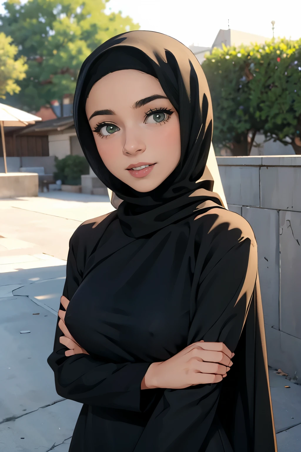 (Cute teen glamour model), gorgeous teen, ebony skinned arab, head and shoulders focus, youthful, young, teen, teenager, (looking at the camera), outdoor lighting, huge breasts, hijab, thin, skinny, dainty, delicate, no bra, black abaya dress