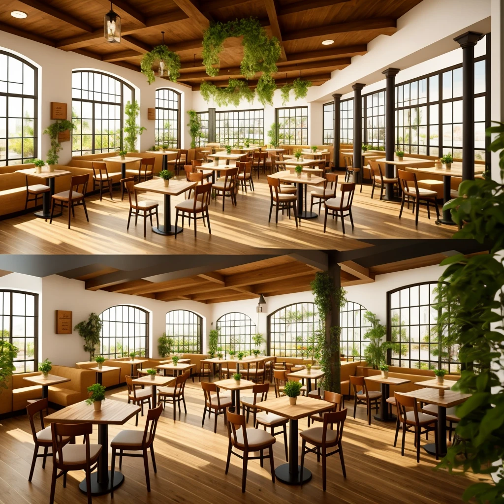 3D graphics, like in a game Interior of the restaurant with three columns in the center, a pair of large tables with soft chairs in light colors and wooden floor and a bar with plants 