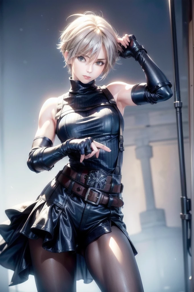 (masterpiece, best quality:1.2), expressive eyes, perfect face, highres, 1 girl, solo, (female:1.5), strife, short hair, shoulder armor, sleeveless turtleneck, suspenders, belt, gloves, bracer, standing, portrait, looking at viewer,