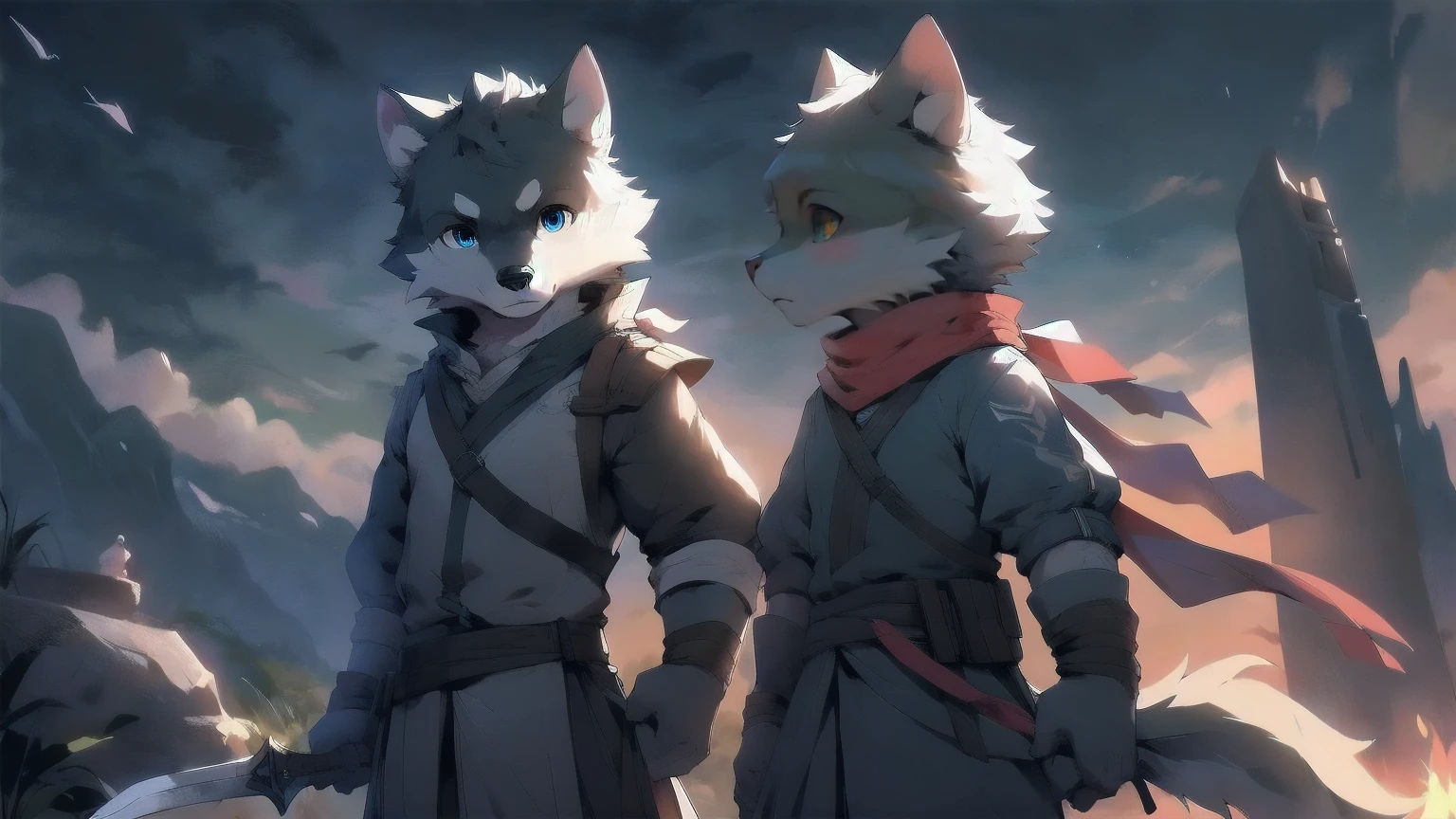 Wolf，juvenile，male，Gray-black fur，Sky blue eyes，Ancient combat uniform，scarf，Holding a long sword，Scabbard back，permanent，The only one,dawn，illumination，Break