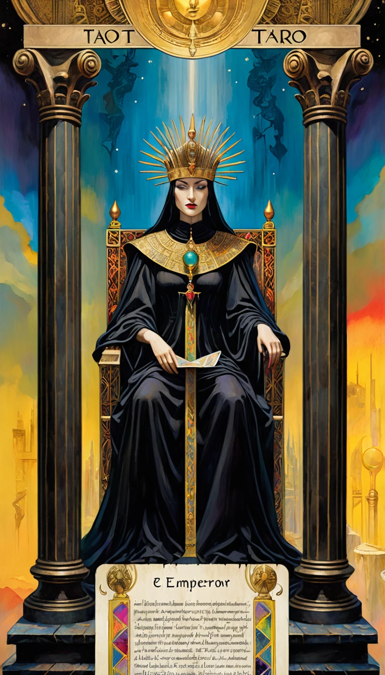 carte de tarot, L&#39;empereur, femme entre deux colonnes, une colonne blanche et une colonne noire, FULL frames of carte de tarots ((texte sur la carte: "L&#39;EMPEREUR")) (par Dave McKean, détails complexes, Huile). couleurs vives, Huile paint)
