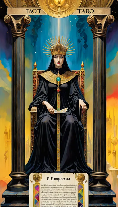 tarot card, the emperor, woman between two columns, one white column and one black column, FULL frames of tarot cards ((text on ...