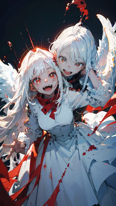 (woman\(a blood-red, dark angel halo is on his head., angel girl,pure white hair,red eyes, pure white skin, white costume,the gi...