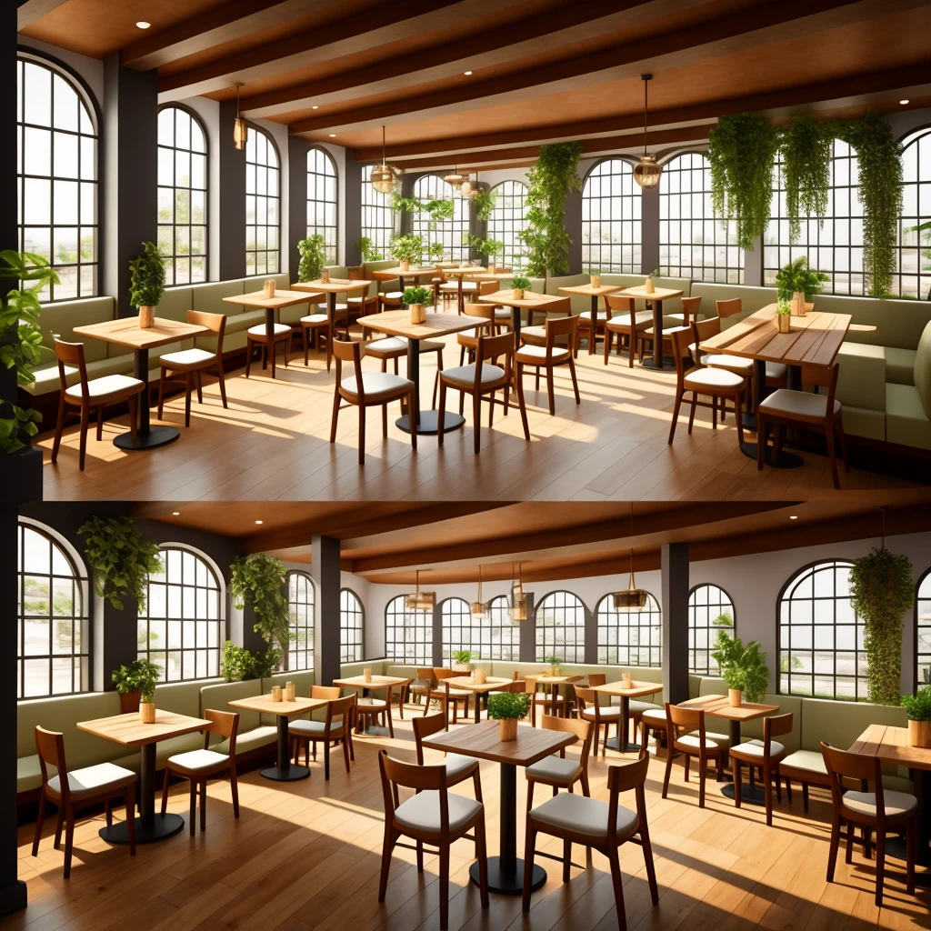 3D graphics, like in a game Interior of the restaurant with three columns in the center, a pair of large tables with soft chairs in light colors and wooden floor and a bar with plants 