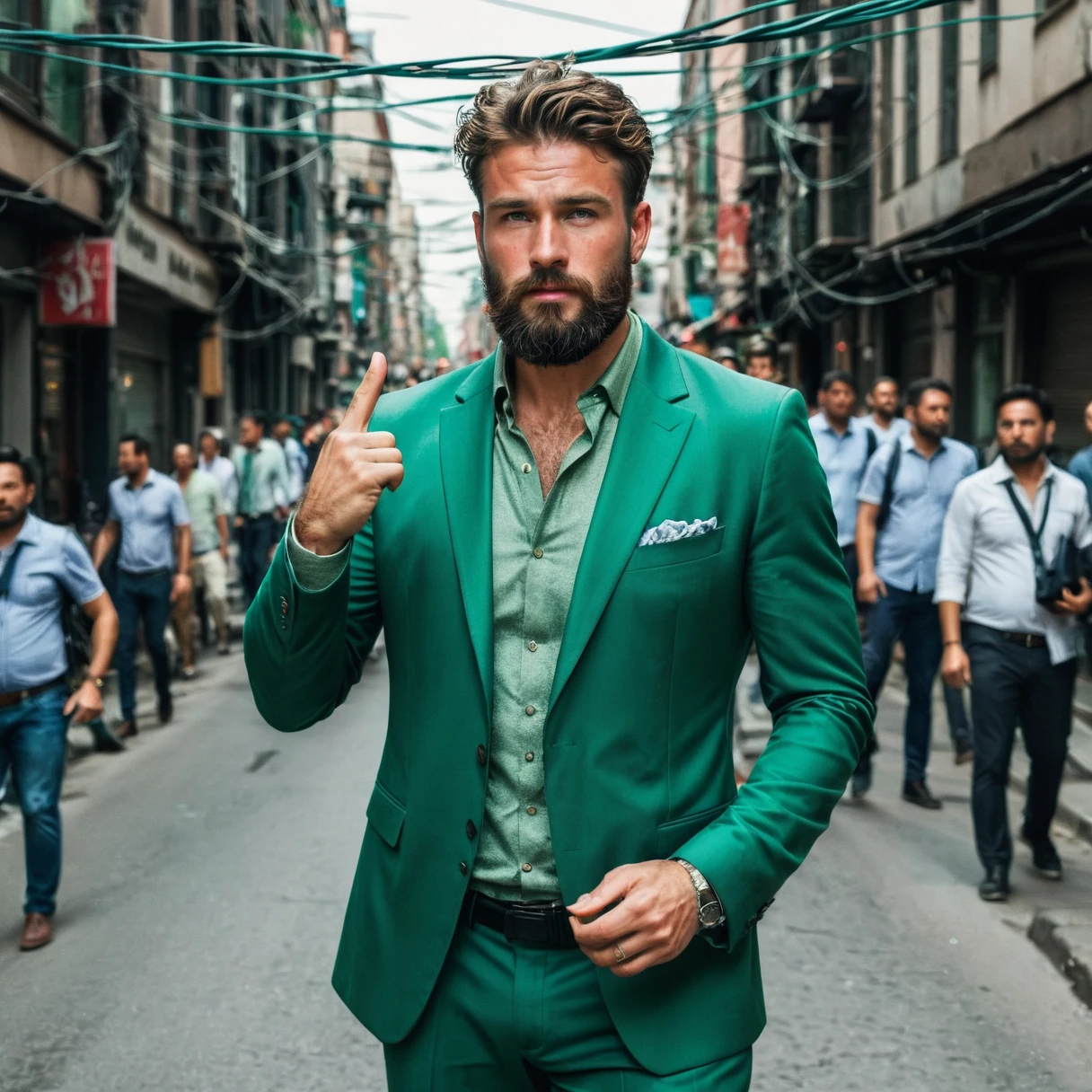 RAW-Foto, Full body portrait of a handsome man with beard in a green suit, he stands in a crowded street with tangled power cables, full sharp, detailed face, blue eyes, (highly detailed skin:1.2), 8K  UHD, dslr, soft lighting, good quality, film grain, Fujifilm XT3 dappled light on the face, pale skin, Hautporen, oiled, shiny skin, Skin impurities, impure skin, complicated skin details, visible skin detail, detailed skin structure, Blush, folds, Vitiligo spots, moles, Blackheads, Blackheads, white pimples, red pimples, Schönheitsfleck, Hautflaum, [[[[[freckles]]]]] (perfect eyes), ((perfect hands with four fingers and one thumb each))