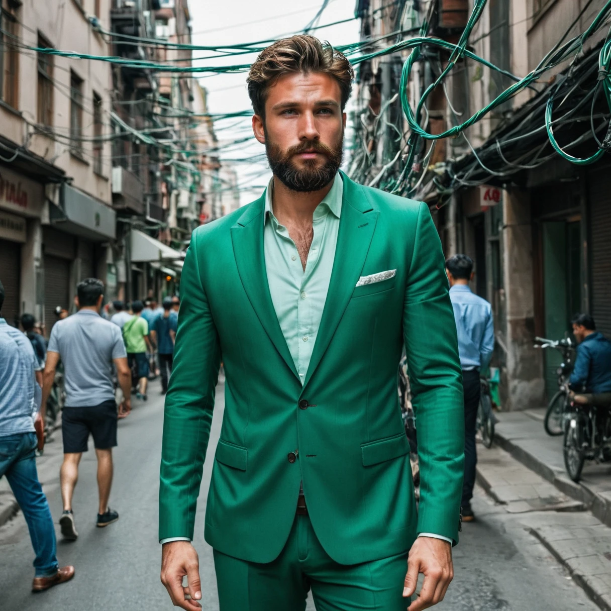 RAW-Foto, Full body portrait of a handsome man with beard in a green suit, he stands in a crowded street with tangled power cables, full sharp, detailed face, blue eyes, (highly detailed skin:1.2), 8K  UHD, dslr, soft lighting, good quality, film grain, Fujifilm XT3 dappled light on the face, pale skin, Hautporen, oiled, shiny skin, Skin impurities, impure skin, complicated skin details, visible skin detail, detailed skin structure, Blush, folds, Vitiligo spots, moles, Blackheads, Blackheads, white pimples, red pimples, Schönheitsfleck, Hautflaum, [[[[[freckles]]]]] (perfect eyes), ((perfect hands with four fingers and one thumb each))