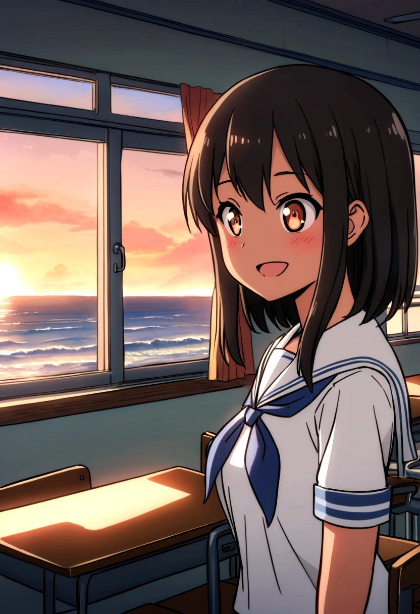 Highest quality、high resolution、Detailed Description、Detailed Background、Accurate depiction、Kantai Collection、アニメスタイル、アニメ、Four Girlore than one person、Four energetic girls、Dark Skin、Sailor suit、School、classroom、Chat、chatting、Black Short Hair、Big eyes、cute、Sunset、The window overlooks the harbor and the sea.
