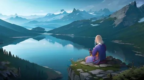 meditation. Dreamscape. Lakes amid mountains. Fantastic world. A person meditating in the distance. Kinematic lighting.