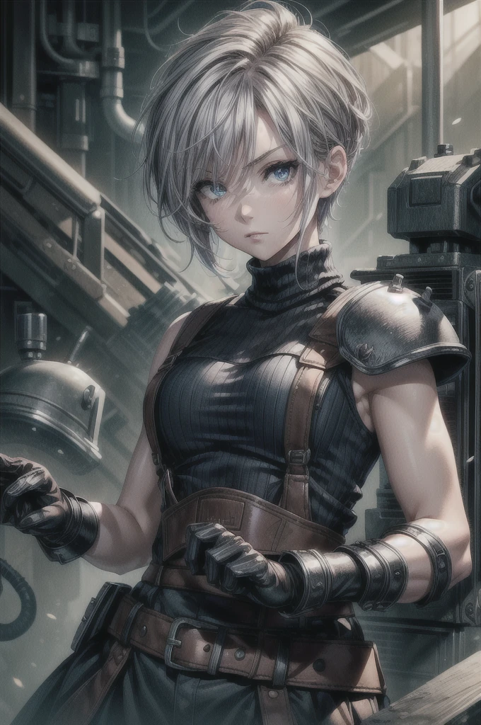 (masterpiece, best quality:1.2), expressive eyes, perfect face, highres, 1 girl, solo, (female:1.5), strife, short hair, shoulder armor, sleeveless turtleneck, suspenders, belt, gloves, bracer, standing, portrait, looking at viewer, White hair, Blue glowing eyes 