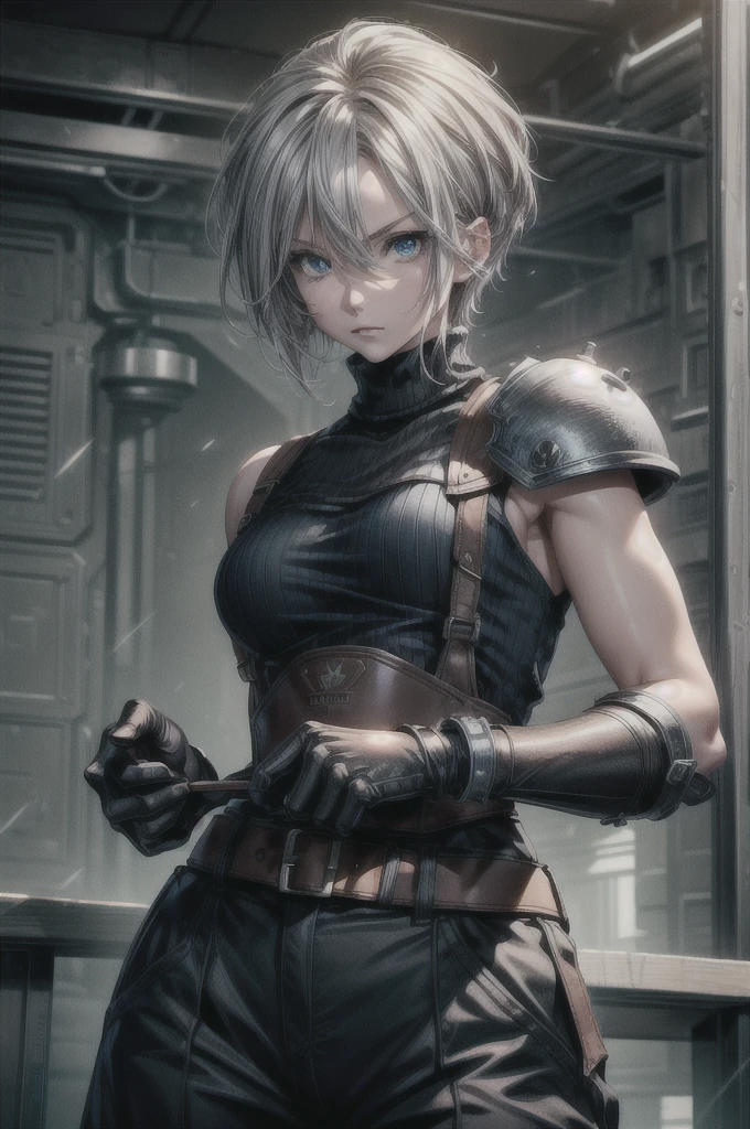 (masterpiece, best quality:1.2), expressive eyes, perfect face, highres, 1 girl, solo, (female:1.5), strife, short hair, shoulder armor, sleeveless turtleneck, suspenders, belt, gloves, bracer, standing, portrait, looking at viewer, White hair, Blue glowing eyes 