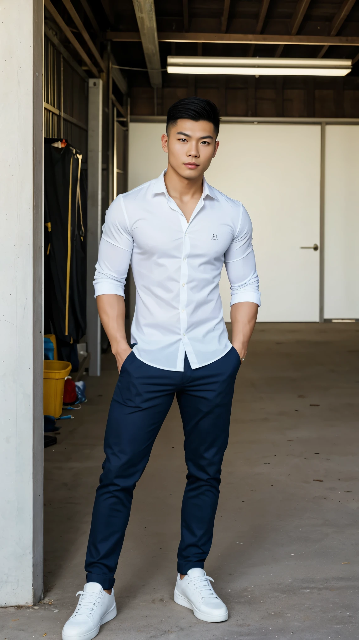 A man standing in a garage wearing a white shirt and blue pants - SeaArt AI