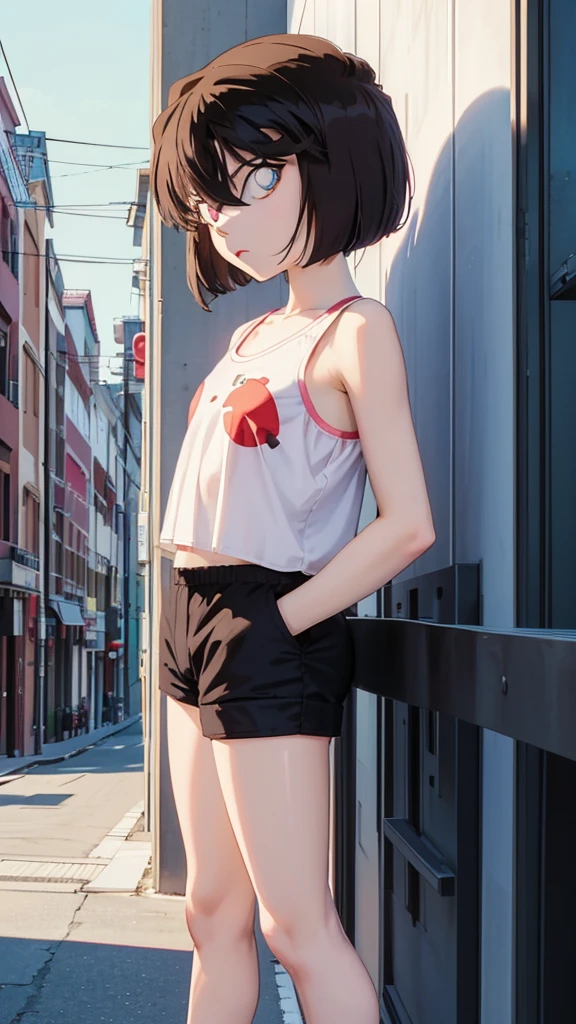 anime style, (1girl in, Solo:1.0), (Haibara Ai), ((Short pants)), (((Big eyes))), (Cute anime girl head), (flat chest),looking at viewer,With a height of 100cm, shoot from front, (head shot), Simple line minimalism, Abstract Art, City background, anime opening movie