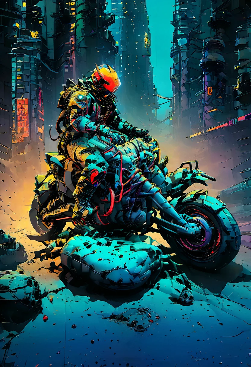 motocicleta cyberpunk detallada, motocicleta futurista, montando en la carretera, motocicleta desde atrás, 1 persona en motocicleta, detalles intrincados, alta resolución, 8k, photorealistaic, hiper detallado, iluminación cinematográfica, Desenfoque de movimiento dinámico, ambiente urbano arenoso, luces de neón, elementos cibernéticos brillantes, detalles en cromo, textura desgastada, diseño inspirado en mechas, Maquinaria compleja, paisaje urbano industrial, Paleta de colores cambiantes, (mejor calidad,4k,8k,alta resolución,Obra maestra:1.2),Ultra detallado,enfoque nítido,(realista,photorealista,fotorrealistaa:1.37), Extremadamente bien,detalles intrincados,iluminación intensa,iluminación dramática,cambio de iluminación,iluminación cinematográfica,chiaroscuro lighting,Sombras dramáticas,Momentos dramáticos,colores vívidos,colores intensos,profundo contraste,profundidad de campo cinematográfica,composición cinematográfica,ángulo de cámara cinematográfica