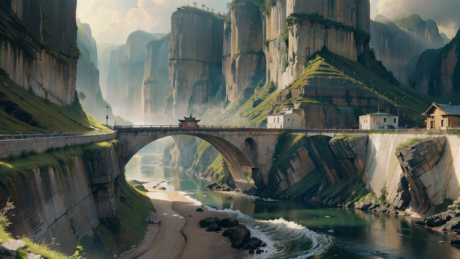 a beautiful scenic landscape of the yellow river in china, ancient chinese architecture, traditional chinese culture, rolling hills, flowing river, stunning cliffs, lush greenery, dramatic lighting, cinematic composition, intricate details, highly detailed, photorealistic, award winning digital art, vibrant colors, dramatic shadows and highlights, moody atmosphere, epic scale, masterpiece