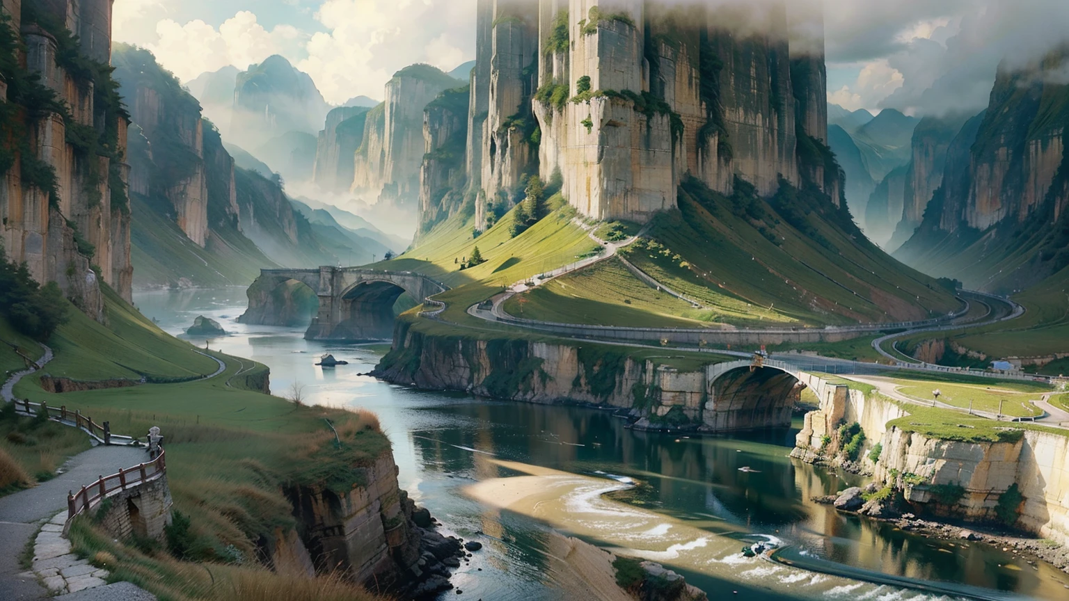 a beautiful scenic landscape of the yellow river in china, ancient chinese architecture, traditional chinese culture, rolling hills, flowing river, stunning cliffs, lush greenery, dramatic lighting, cinematic composition, intricate details, highly detailed, photorealistic, award winning digital art, vibrant colors, dramatic shadows and highlights, moody atmosphere, epic scale, masterpiece