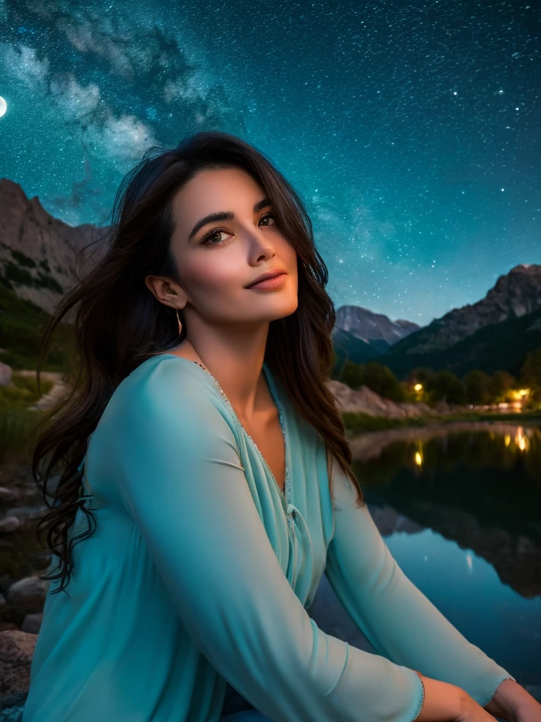 una hermosa mujer con la barbilla apoyada, con una expresión soñadora en una noche muy estrellada. Luna grande detrás de las montañas.. El tranquilo lago refleja la noche.. escena realista, detalle, Photorealism, 8K