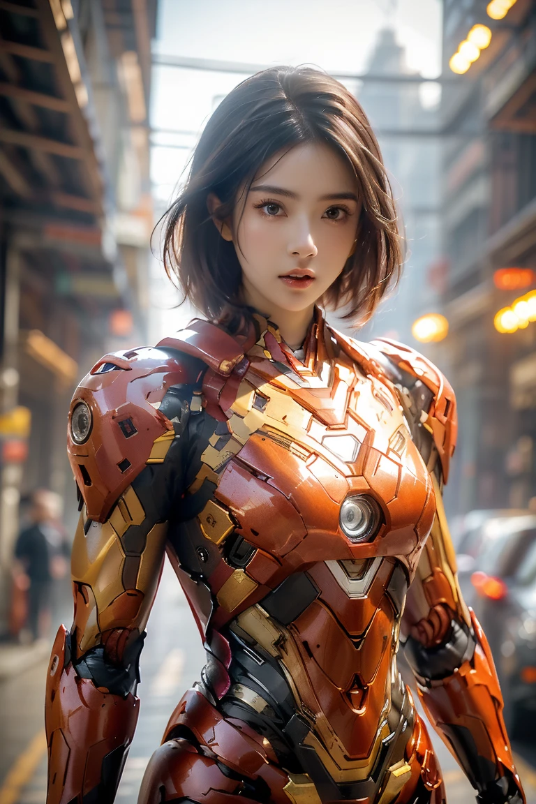 A girl wearing red Iron Man armor，Exposing sexy belly,((cowboy shot))，Looking at the camera，Detailed facial features, beautiful eyes, Lips, and long eyelashes, Reality, 8K， Very detailed, Studio Lighting, Dramatic Lighting, Vibrant colors, work, City Streets，The abdomen is open，Showing belly，Sexy abdominal muscles