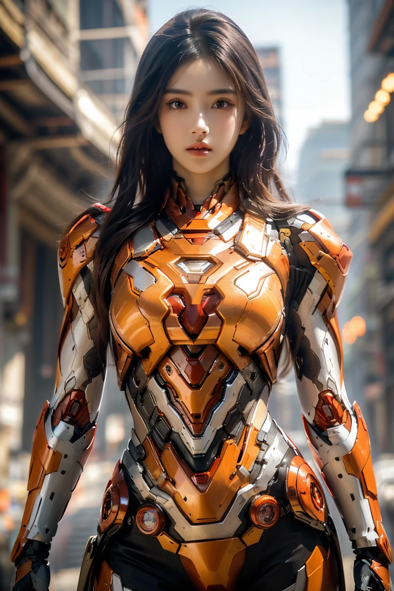 A girl wearing red Iron Man armor，Exposing sexy belly,((cowboy shot))，Looking at the camera，Detailed facial features, beautiful eyes, Lips, and long eyelashes, Reality, 8K， Very detailed, Studio Lighting, Dramatic Lighting, Vibrant colors, work, City Streets，The abdomen is open，Showing belly，Sexy abdominal muscles